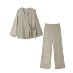 Retro Lace Up Solid Colour Long Sleeve Trousers Two-piece Suit - Green