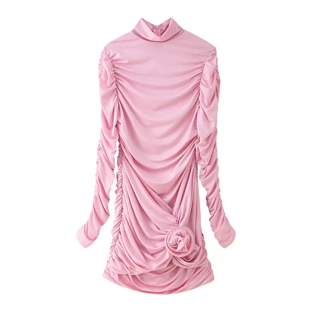 Pleated Three dimensional Flower Decorative Long Sleeve Dress Pink - Shop at LoveMi
