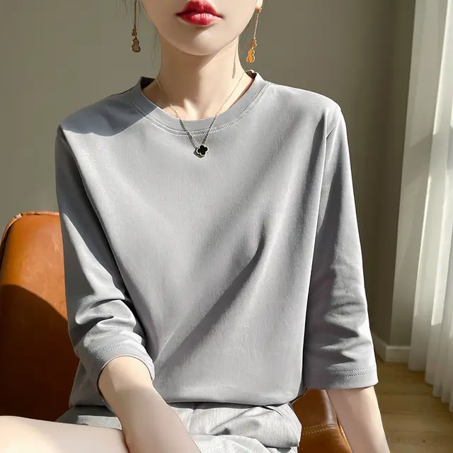 Mid sleeve Bottoming Shirt Outer Wear Half sleeve T shirt Top Gray - Shop at LoveMi