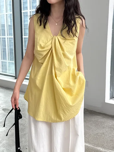 Round Neck Design Three dimensional Twisted Vest Top Almond Yellow - Shop at LoveMi