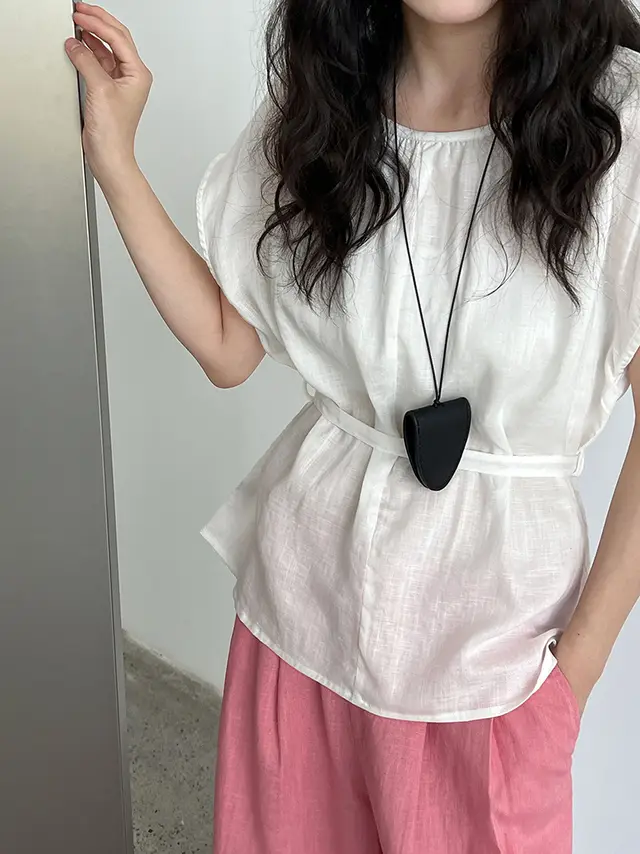Tencel Linen Round Neck Waist Trimming Shirt For Women White - Shop at LoveMi