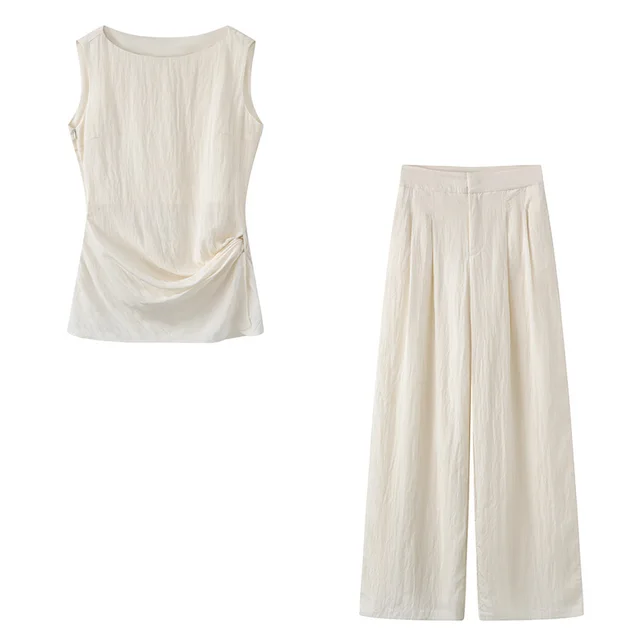 Solid Color Sleeveless Top High Waist Casual Pants Suit Cream Rice - Shop at LoveMi