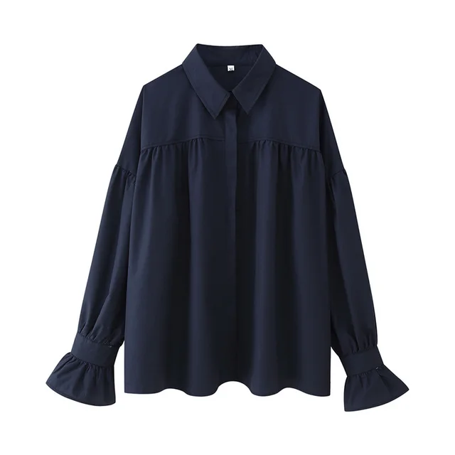 Casual Loose Shoulder Lantern Long Sleeve Shirt Dark Blue - Shop at LoveMi