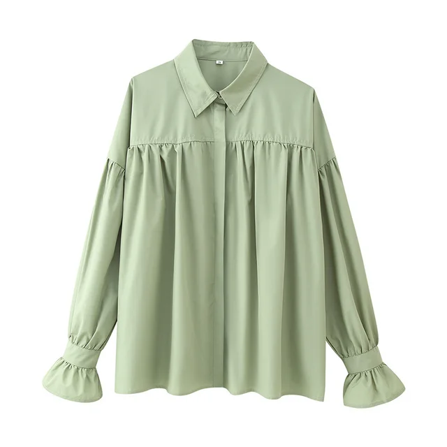 Casual Loose Shoulder Lantern Long Sleeve Shirt Green - Shop at LoveMi