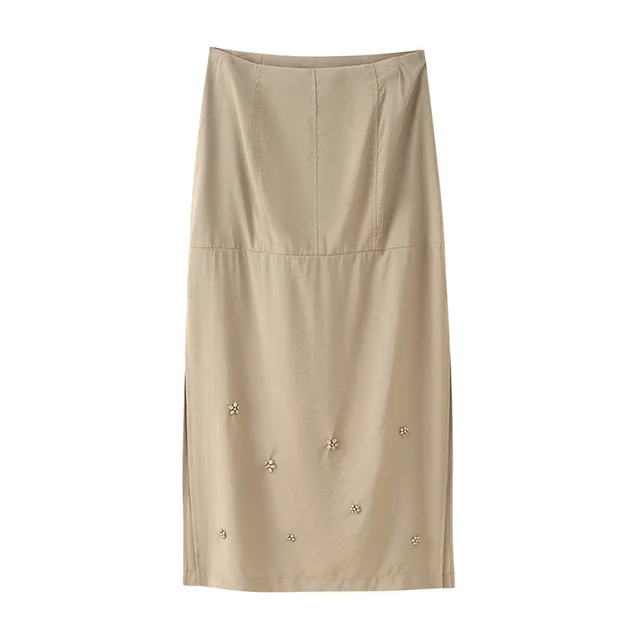 Solid Color Worsted Embellished Set Diamond Skirt Khaki - Shop at LoveMi