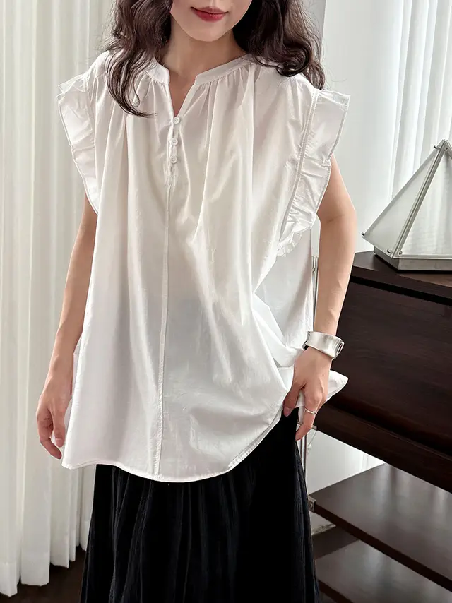 Casual Lace Ruffle Sleeve Shirt Top V neck Buttons Pleated White - Shop at LoveMi