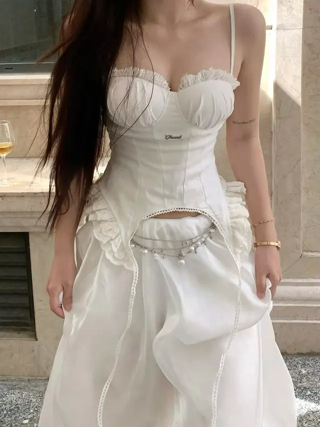 American Street Lace Stitching Ruffle Chest Strap Top Irregular Ribbon Fitted Waist Vest Bra White - Shop at LoveMi