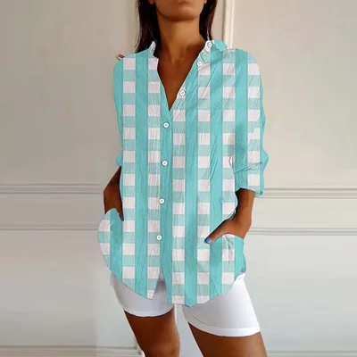New Women's Spring And Summer Long Sleeves Plaid Printed Shirt Mcs01412 4Xl - Shop at LoveMi