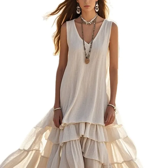 Women's Cotton And Linen Loose Large Skirt Sleeveless Dress Beige - Shop at LoveMi