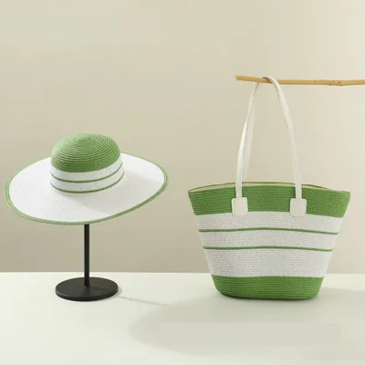 Straw Hat Bag Two piece Set Sunshade Seaside Vacation Green - Shop at LoveMi