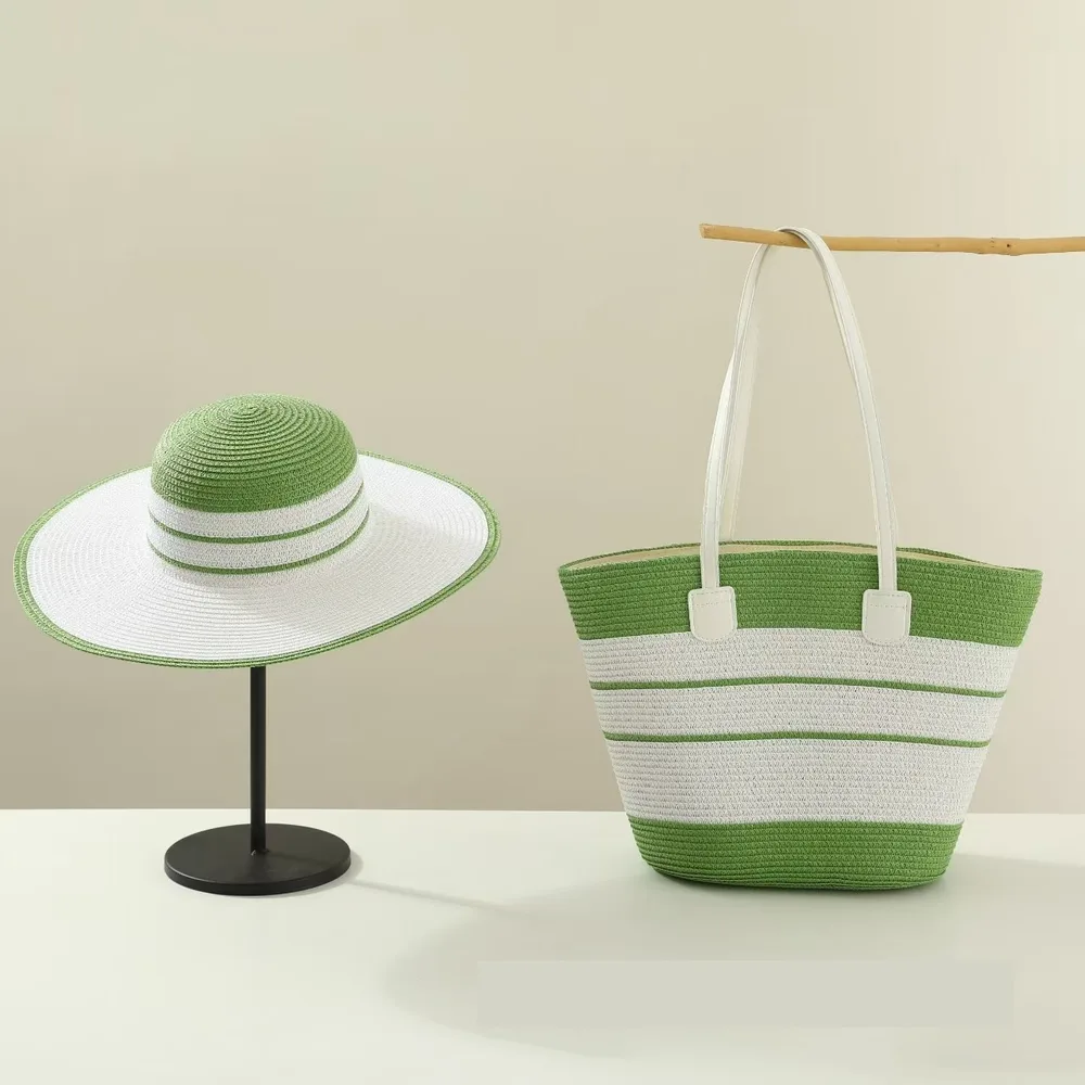 Straw Hat Bag Two-piece Set Sunshade Seaside Vacation - Green