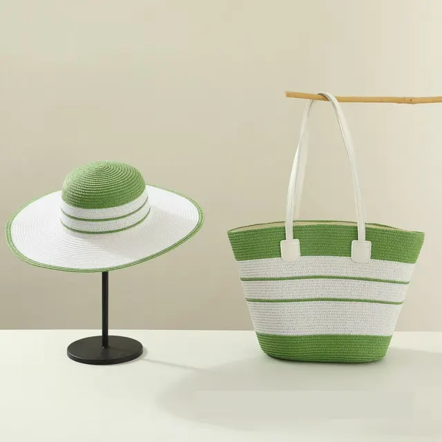 Straw Hat Bag Two piece Set Sunshade Seaside Vacation Green - Shop at LoveMi