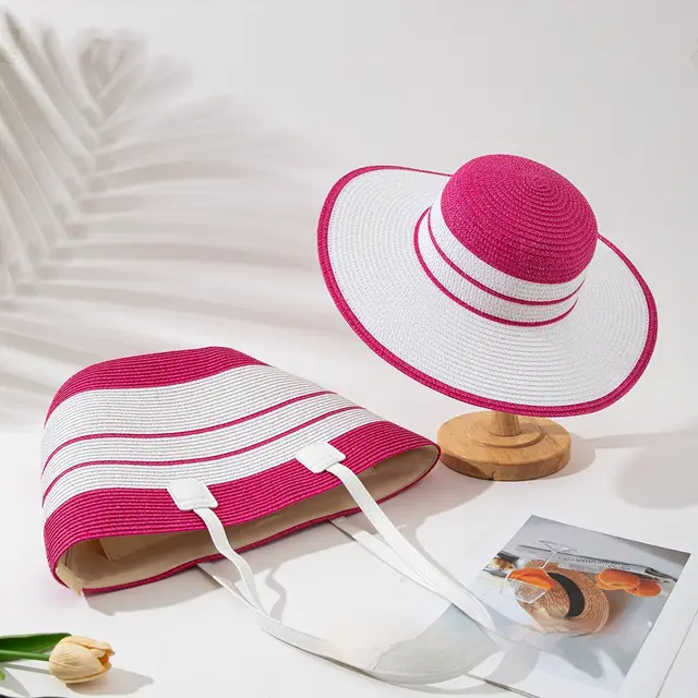 Straw Hat Bag Two piece Set Sunshade Seaside Vacation Rose Red - Shop at LoveMi
