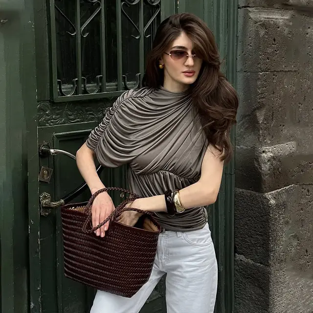 European And American Style Round Neck Top Sexy Waist Trimming Irregular Gray - Shop at LoveMi
