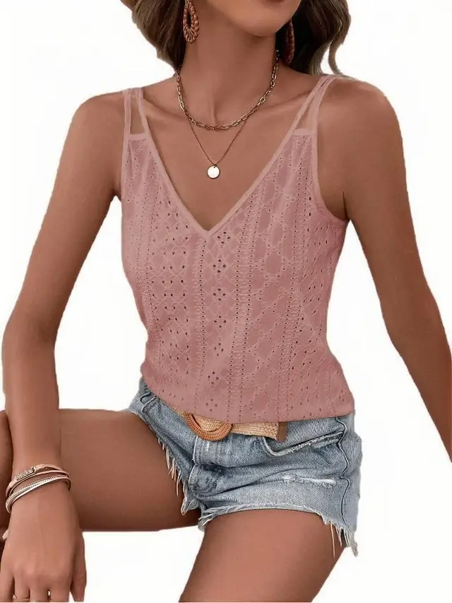 Jacquard V neck Shoulder Spaghetti strap Camisole Top Lotus Pink - Shop at LoveMi