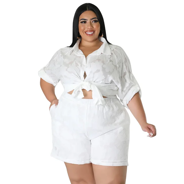 Women's Springsummer Hollow out Chiffon Jacquard Top And Shorts Two piece Suit White - Shop at LoveMi