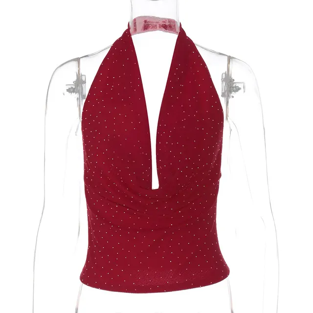Fashion Deep V Hot Drilling Backless Halter Slim Fit Tube Top Short Vest Wine Red - Shop at LoveMi
