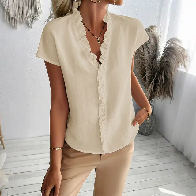Casual Simple Stringy Selvedge Short Sleeve Women's Shirt Apricot - Shop at LoveMi