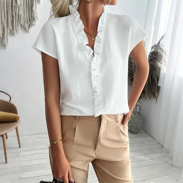 Casual Simple Stringy Selvedge Short Sleeve Women's Shirt White - Shop at LoveMi