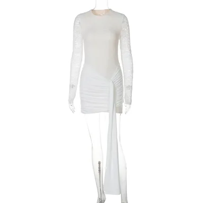 European And American Sexy Round Neck Lace Stitching Long Sleeve Slim Fit Dress White - Shop at LoveMi