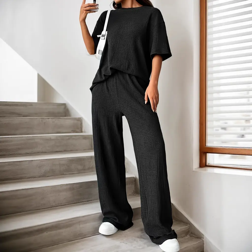 Women's Solid Color Drop Shoulder Fashion Suit - Black