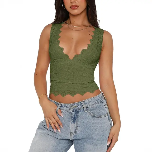 Y2g Style Lace Edge T shirt Vest For Women Green - Shop at LoveMi