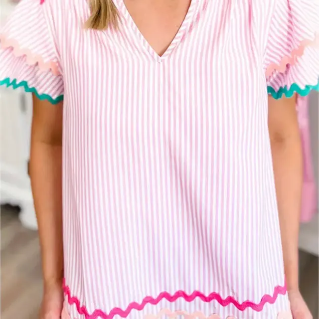 Sky Blue Stripe Ricrac Trim Split Neck Striped Ruffled Sleeve Blouse Pink - Shop at LoveMi