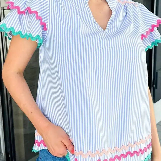 Sky Blue Stripe Ricrac Trim Split Neck Striped Ruffled Sleeve Blouse Sky Blue - Shop at LoveMi