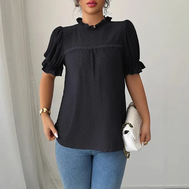 Fashion Style Lace Collar Hollow out Shirt Women's Clothing Black - Shop at LoveMi