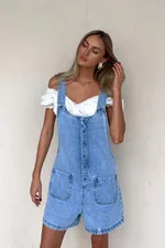 Adjustable Strap Wash Cowboy Siamese Shorts - Light Blue