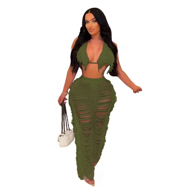 Pure Color Bikini Tassel Knitted Beach Pants Suit Army Green - Shop at LoveMi