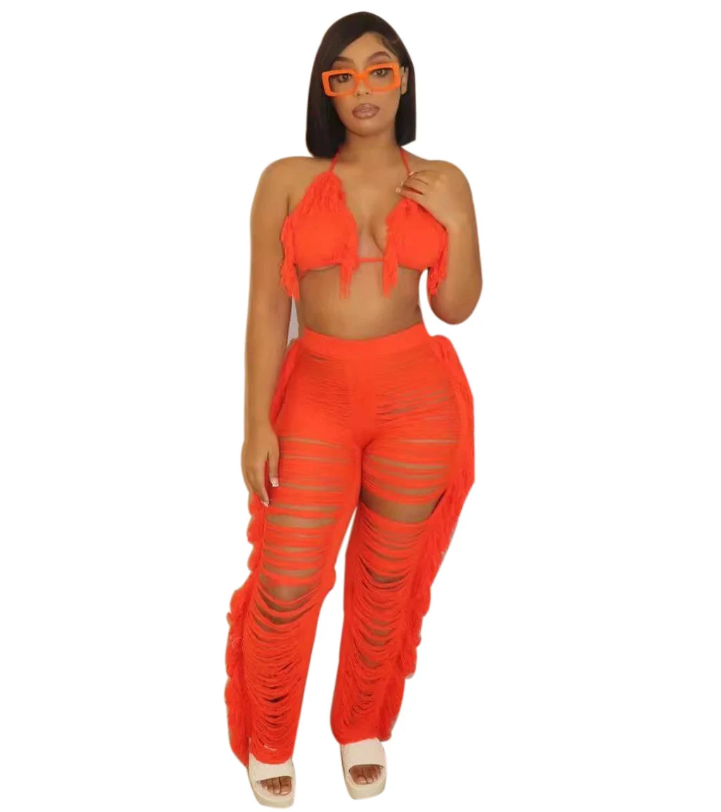 Pure Color Bikini Tassel Knitted Beach Pants Suit - Orange - View 1
