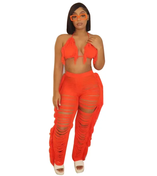 Pure Color Bikini Tassel Knitted Beach Pants Suit Orange - Shop at LoveMi