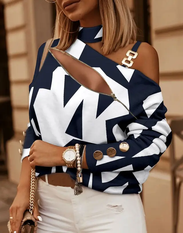 Women's Long sleeved Chain On Neck Printed Top Navy Blue Printing - Shop at LoveMi