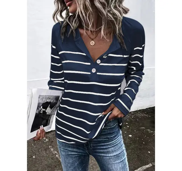 Striped Round Neck Button Casual Loose Long Sleeve Dark Blue - Shop at LoveMi