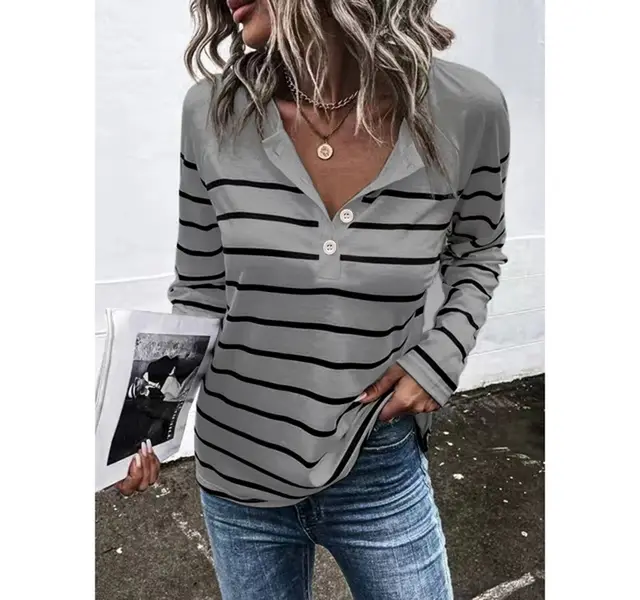 Striped Round Neck Button Casual Loose Long Sleeve Gray - Shop at LoveMi