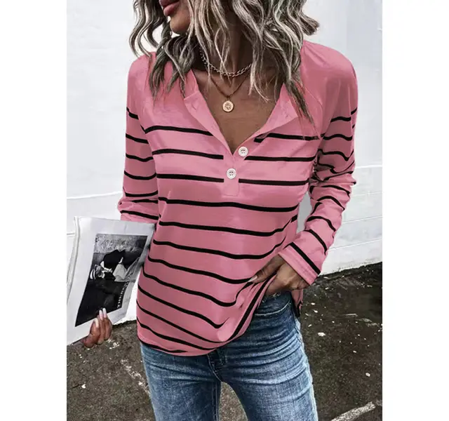 Striped Round Neck Button Casual Loose Long Sleeve Pink - Shop at LoveMi