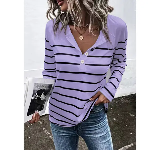 Striped Round Neck Button Casual Loose Long Sleeve Violet - Shop at LoveMi