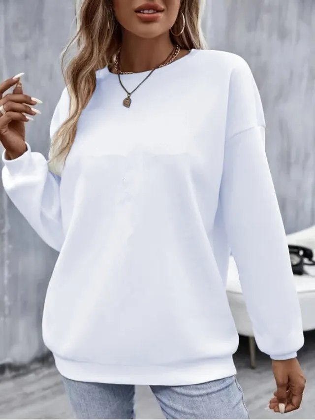 Thick Loose Round Neck Long Sleeve Solid Color Hoodie White - Shop at LoveMi