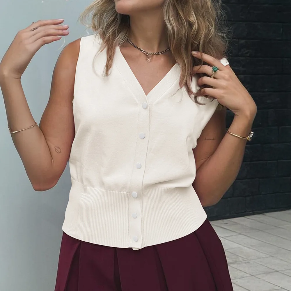 Leisure Vacation Solid Colour Buttons T-shirt Vest For Women - Beige - View 1
