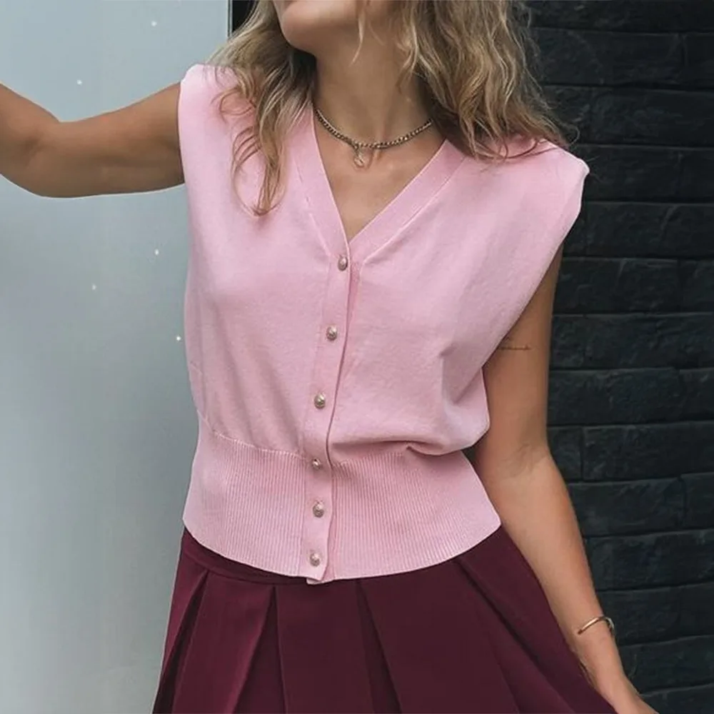 Leisure Vacation Solid Color Buttons T shirt Vest For Women Pink - Shop at LoveMi