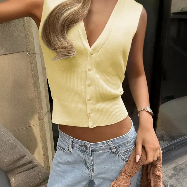 Leisure Vacation Solid Color Buttons T shirt Vest For Women Yellow - Shop at LoveMi