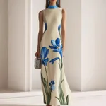 Women's Creative Slim-fit Printed Catwalk Tight Dress - Milky White