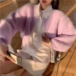 Korean Style Solid Color Fashion Loose Pearl Edge Mink-like Wool Cardigan Sweater - Light Purple