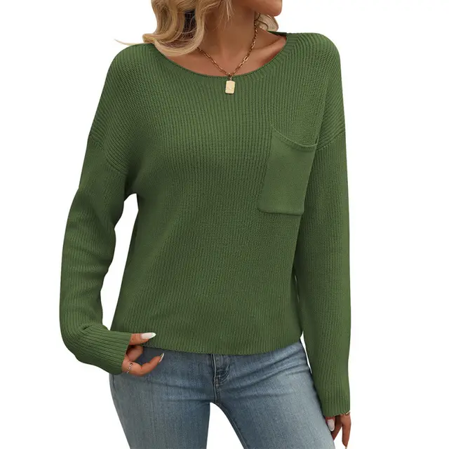 Women's Round Neck Pocket Decorative Top Long Sleeve Sweater Green - Shop at LoveMi