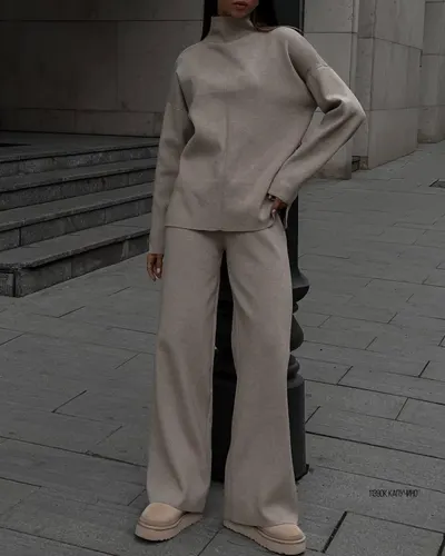 Autumn And Winter Leisure Loose And Irregular Split Top Wide Leg Pants Two piece Set Khaki - Shop at LoveMi