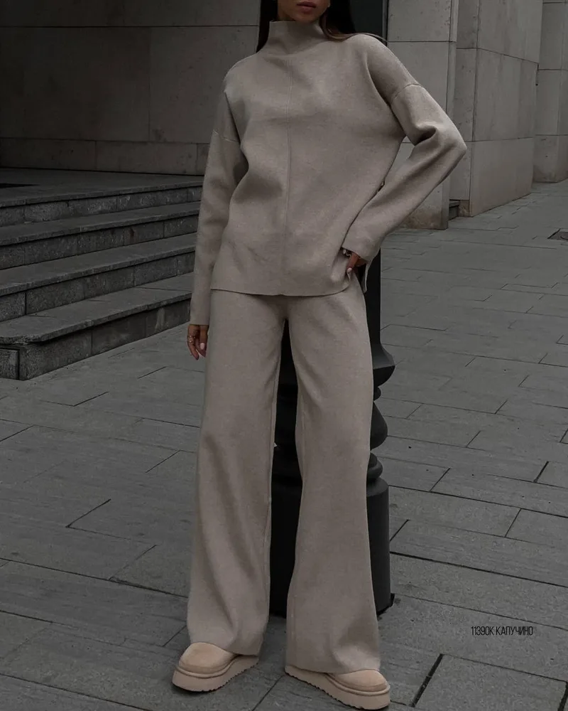 Autumn And Winter Leisure Loose And Irregular Split Top Wide Leg Pants Two-piece Set - Khaki - View 1