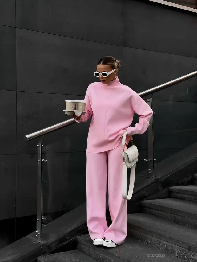 Autumn And Winter Leisure Loose And Irregular Split Top Wide Leg Pants Two piece Set Pink - Shop at LoveMi