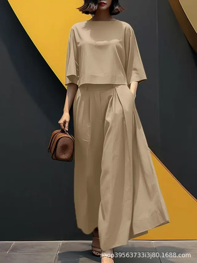 European And American Fashion Suit Solid Color Short Sleeve Loose Trousers Two piece Set Apricot - Shop at LoveMi