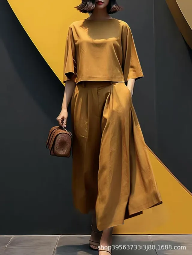 European And American Fashion Suit Solid Color Short Sleeve Loose Trousers Two piece Set Ginger Yellow - Shop at LoveMi
